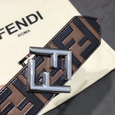 Fendi Men's FF Diamonds Belt In Brown/Black Calfskin With Gold/Silver/Black Hardware 38mm