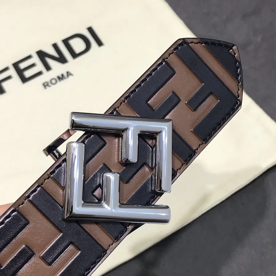 Fendi Men's FF Diamonds Belt In Brown/Black Calfskin With Gold/Silver/Black Hardware 38mm
