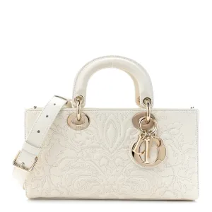 Dior Medium Lady D-Joy White Ornamental Embroidered Calfskin Leather Gold Hardware