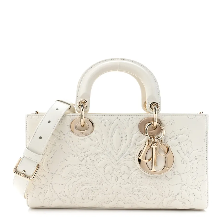 Dior Medium Lady D-Joy White Ornamental Embroidered Calfskin Leather Gold Hardware