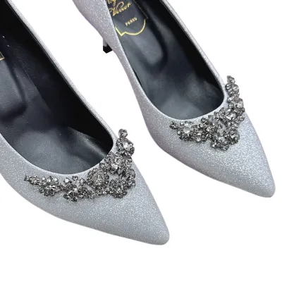 Roger Vivier Efflorescence Pumps High Heels In Red/Silver Satin With Crystal Flowers Buckle (Heel Height 6.5cm)
