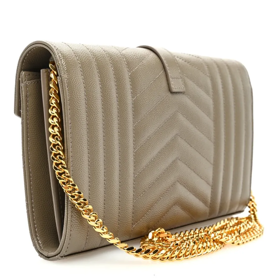 Saint Laurent Small Chain Wallet Dark Beige Triquilt Monogram Grain De Poudre Mixed Matelasse Leather Gold Hardware