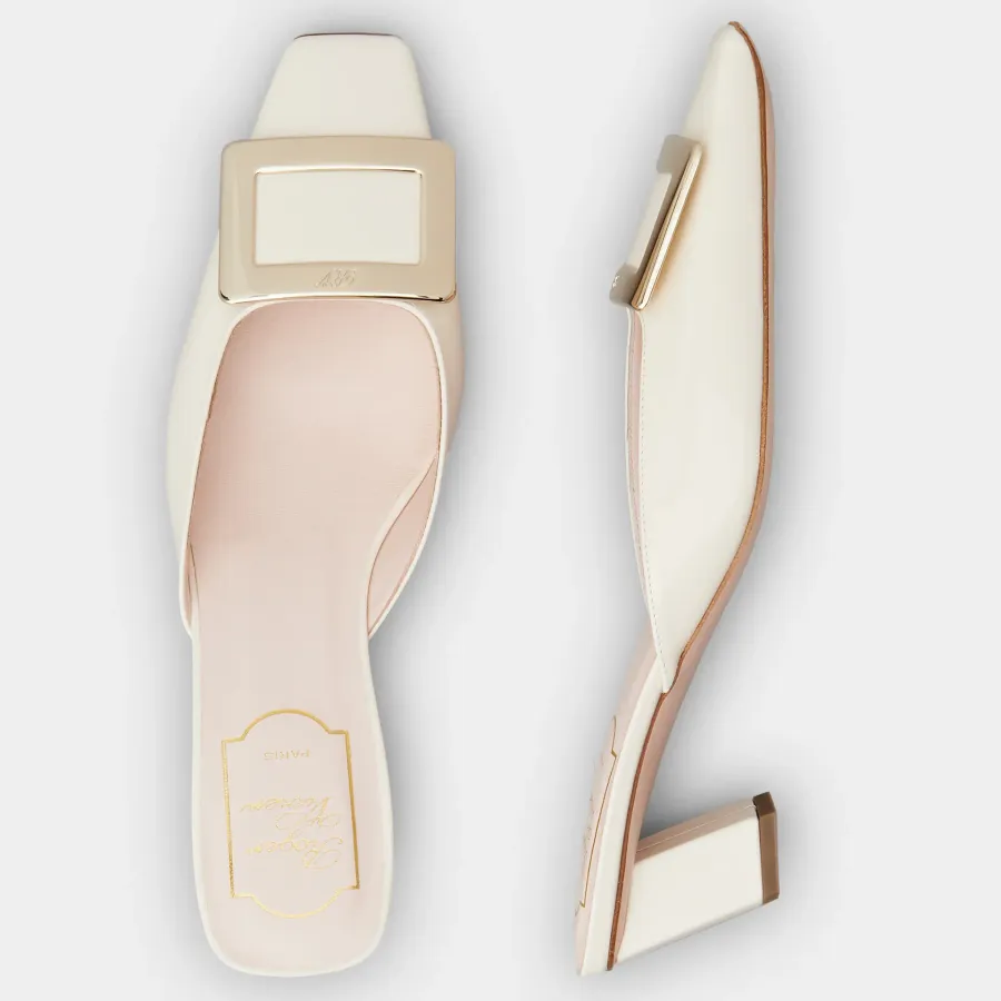 Roger Vivier Belle Vivier Mules Sandals In White Patent Leather With Metal Buckle (Heel Height 4.5cm)