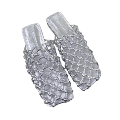 Bottega Veneta Riva Flat Mule In Silver Woven Hand-Knotted Leather Mule Pump