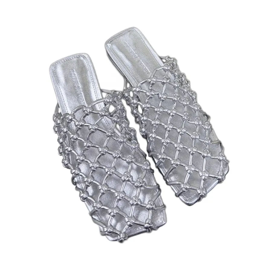 Bottega Veneta Riva Flat Mule In Silver Woven Hand-Knotted Leather Mule Pump