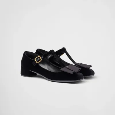 PRADA Velvet Black High Heels Shoes Mary Jane Shoes