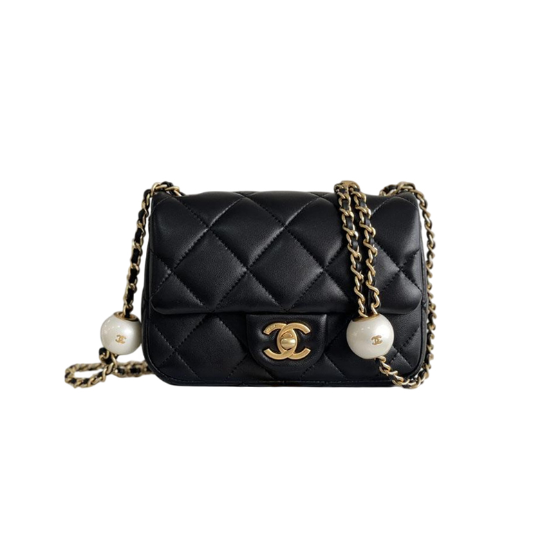 Chanel Bolsa Crossbody Dupla Pérola CF Corrente 17/20,5cm Branco/Preto