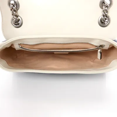 Gucci Small Torchon GG Marmont Shoulder Bag Blue Agata / Mystic White Vintage Effect Calfskin Leather Matelassé Diagonal Aged Silver Hardware