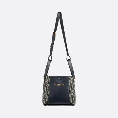 Dior Small Signature Bucket Bag In Blue Dior Oblique Jacquard/Black Grained Calfskin Gold Hardware