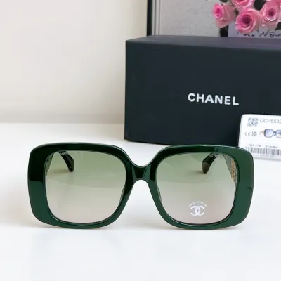 CHANEL square frame glasses green gold color size 54-20-140