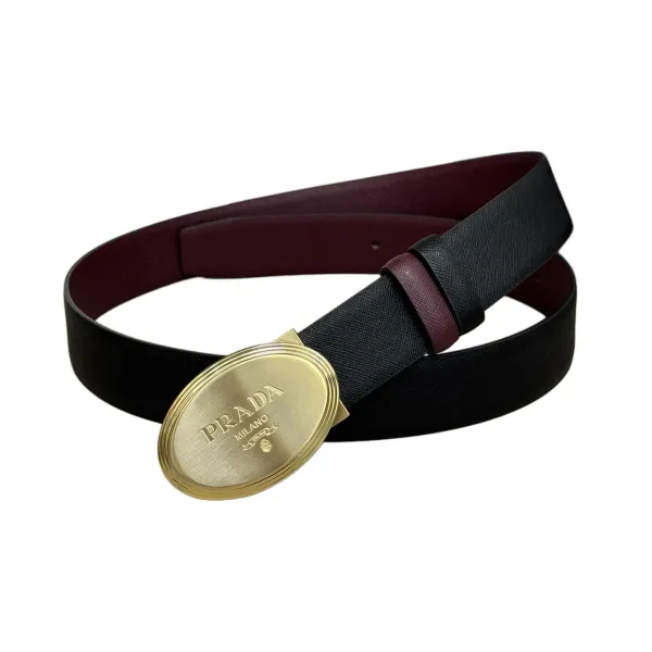 Prada Men' s Oval Buckle Belt In Black/Brown/Burgundy/Grey Saffiano Calfskin With Gold/Silver Hardware 34mm - Image 6