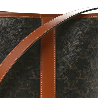 Celine Small Bucket Bag Tan Triomphe Canvas & Calfskin Leather Gold Hardware