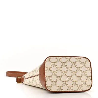 Celine Small Bucket Bag White Triomphe Canvas & Calfskin Leather Gold Hardware