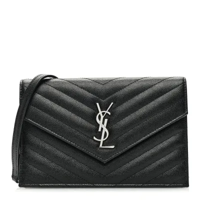 Saint Laurent Small Envelope Chain Wallet Black Chevron Monogram Grain De Poudre Matelasse Leather Silver Hardware