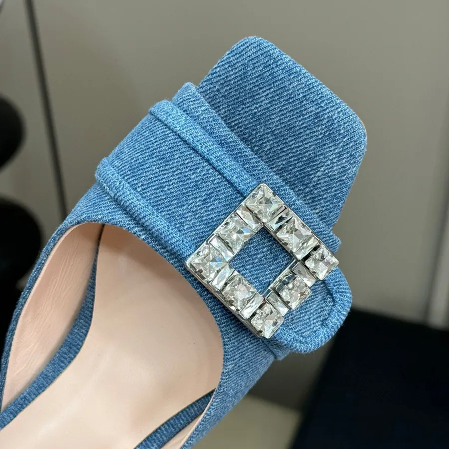 Roger Vivier Très Vivier Mules High Heels In Blue Denim With Crystal Buckle (Heel Height 3.5cm)