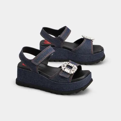 Roger Vivier Slidy Viv' Wedge Sandals In Blue Denim With Crystal Buckle (Heel Height 6.5cm)