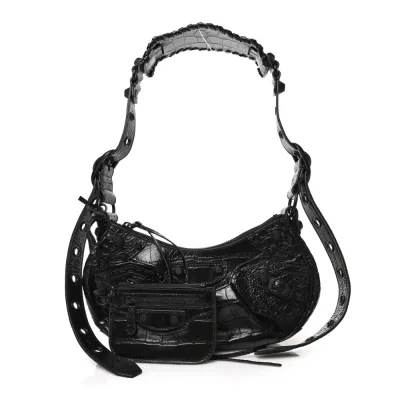 Balenciaga XS Monochrome Le Cagole Shoulder Bag Black Crocodile Embossed Extra Supple Calfskin Leather Black Hardware
