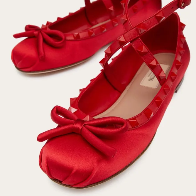 VALENTINO Rivet satin red ballet flats shoes
