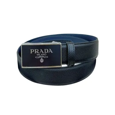 Prada Men' s Square Buckle Belt In Black Calfskin With Gold/Silver Hardware 35mm