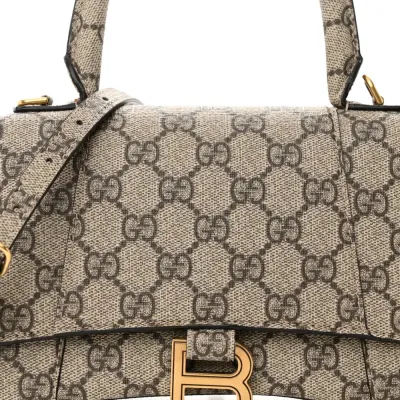 Balenciaga Small Hourglass Top Handle Bag Beige/Ebony GG Supreme Monogram x Gucci Gold Hardware