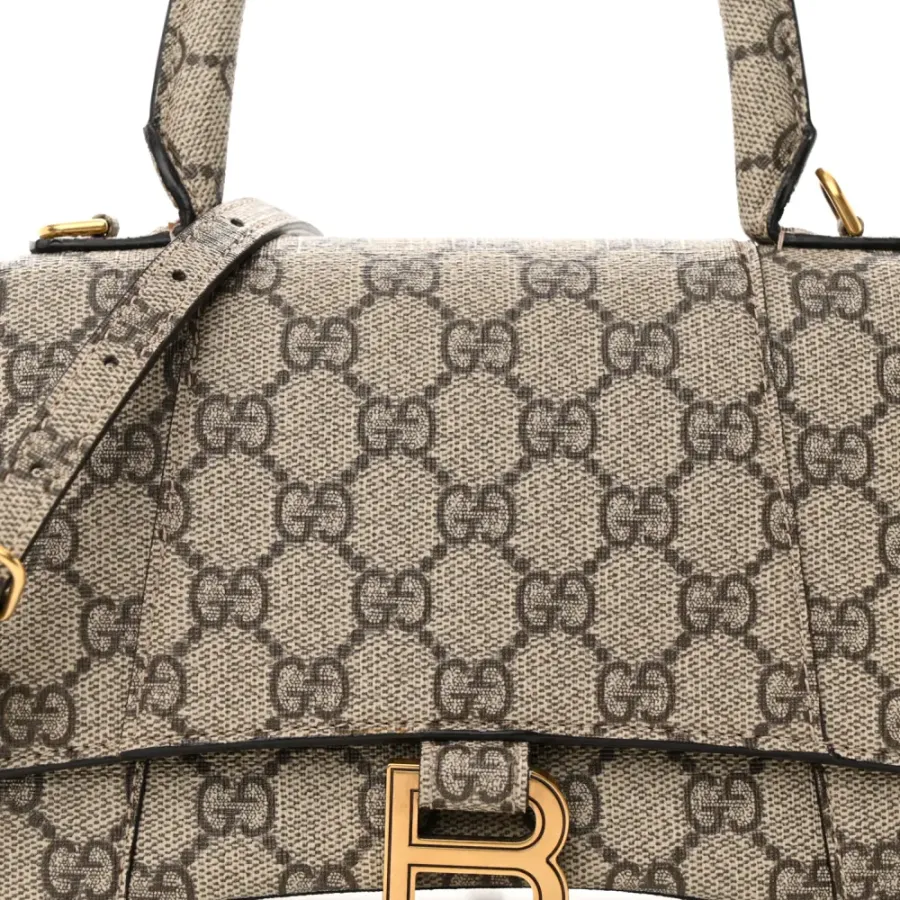 Balenciaga Small Hourglass Top Handle Bag Beige/Ebony GG Supreme Monogram x Gucci Gold Hardware