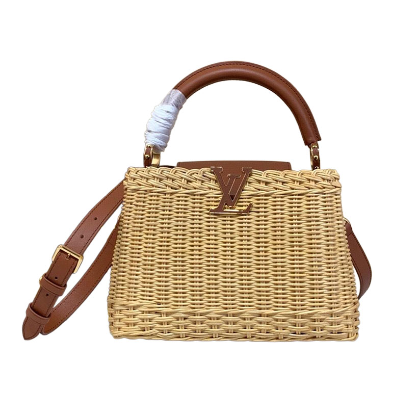 Louis Vuitton Bolsa Capucines BB com Alça de Rattan e Marrom/Laranja
