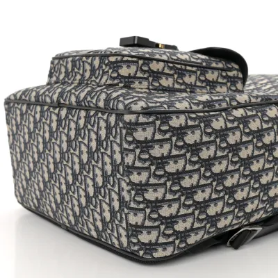 Dior Large Saddle Zip Backpack Black Oblique Canvas & Grained Calfskin Leather Silver Hardware