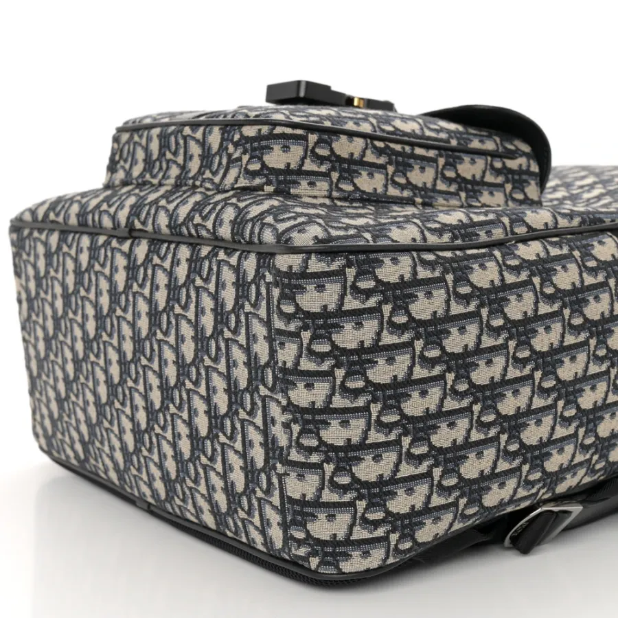 Dior Large Saddle Zip Backpack Black Oblique Canvas & Grained Calfskin Leather Silver Hardware