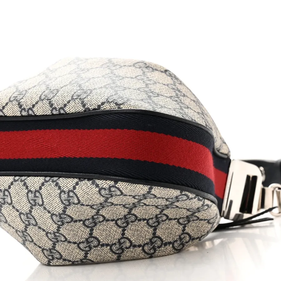 Gucci Small Web Attache Shoulder Bag Beige/Blue GG Supreme Monogram Canvas & Textured Calfskin Leather Silver Hardware