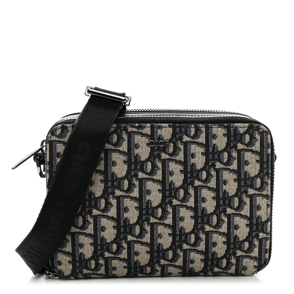 Dior Bolsa Mensageira Saddle Pequena em Canvas Oblíquo Azul com Hardware Prateado