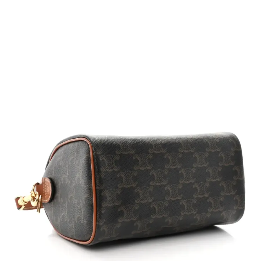 Celine Small Boston Bag Tan Triomphe Canvas & Calfskin Leather