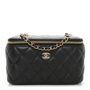 Chanel Vanity Case With Chain Small Black Quilted Lambskin Leather Light Gold Hardware