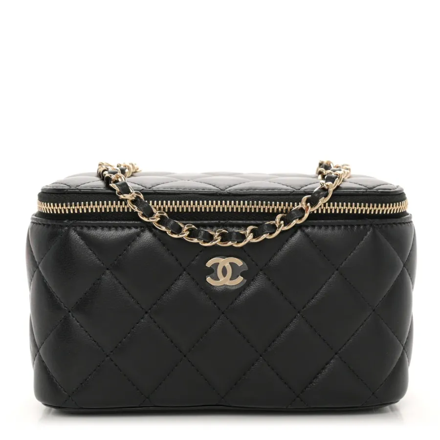 Chanel Vanity Case With Chain Small Black Quilted Lambskin Leather Light Gold Hardware