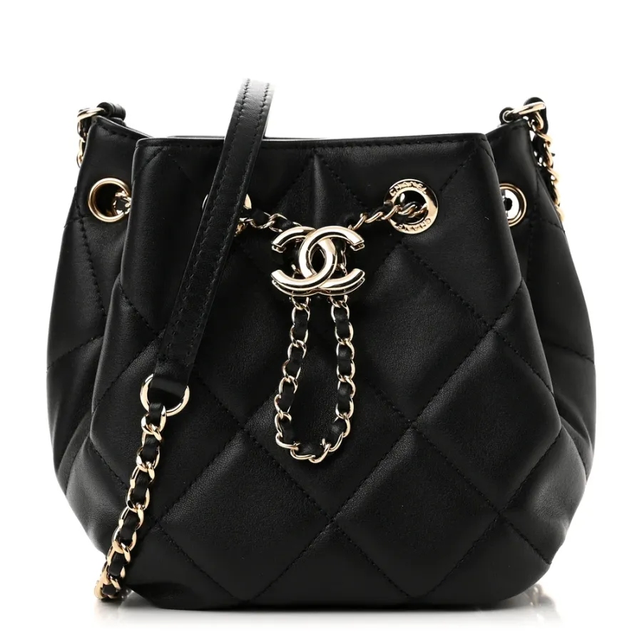 Chanel CC Dweller Drawstring Bucket Small Black Quilted Lambskin Leather Light Gold Hardware