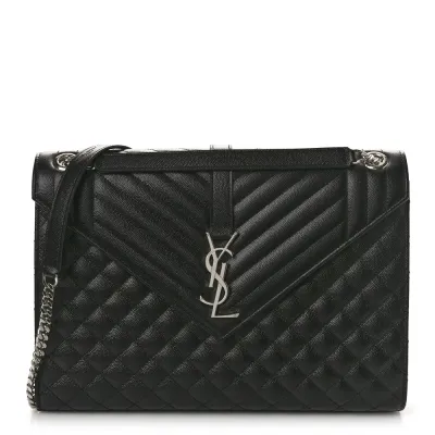Saint Laurent Large Satchel Black Triquilt Monogram Grain De Poudre Textured Mixed Matelasse Leather Silver Hardware
