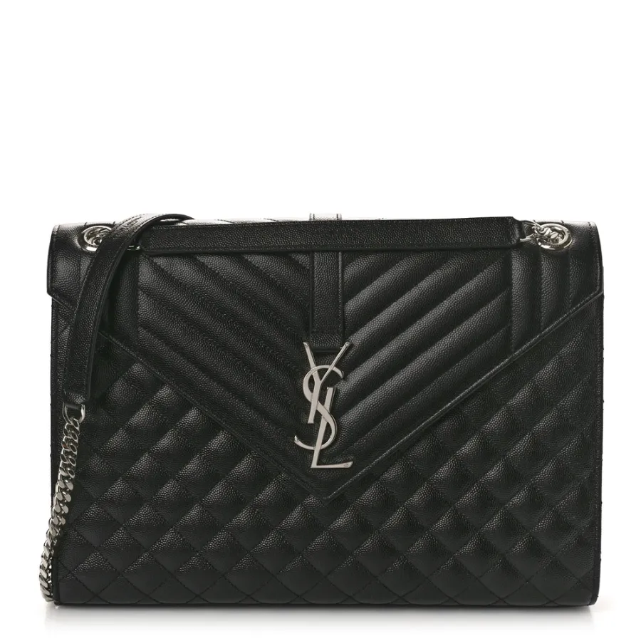 Saint Laurent Large Satchel Black Triquilt Monogram Grain De Poudre Textured Mixed Matelasse Leather Silver Hardware