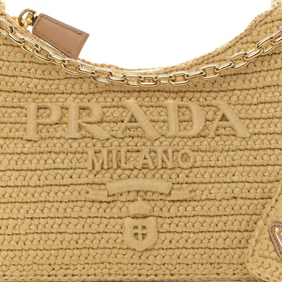Prada Mini Effect Crochet Re-Edition 2000 Shoulder Bag Naturale Yarn Raffia Gold Hardware