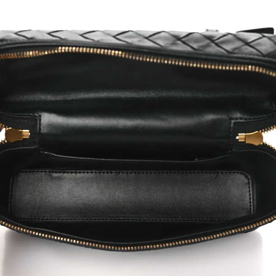 Bottega Veneta Medium Intrecciato Bang Bang Vanity Case Black Calfskin Leather Gold Hardware