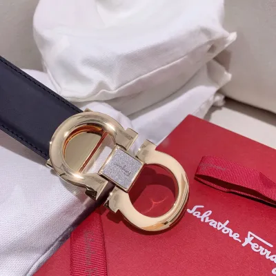 Ferragamo Men's Double Gancini Buckle Reversible Belt In Black/Brown Calfskin With Gold/Silver Hardware 35mm