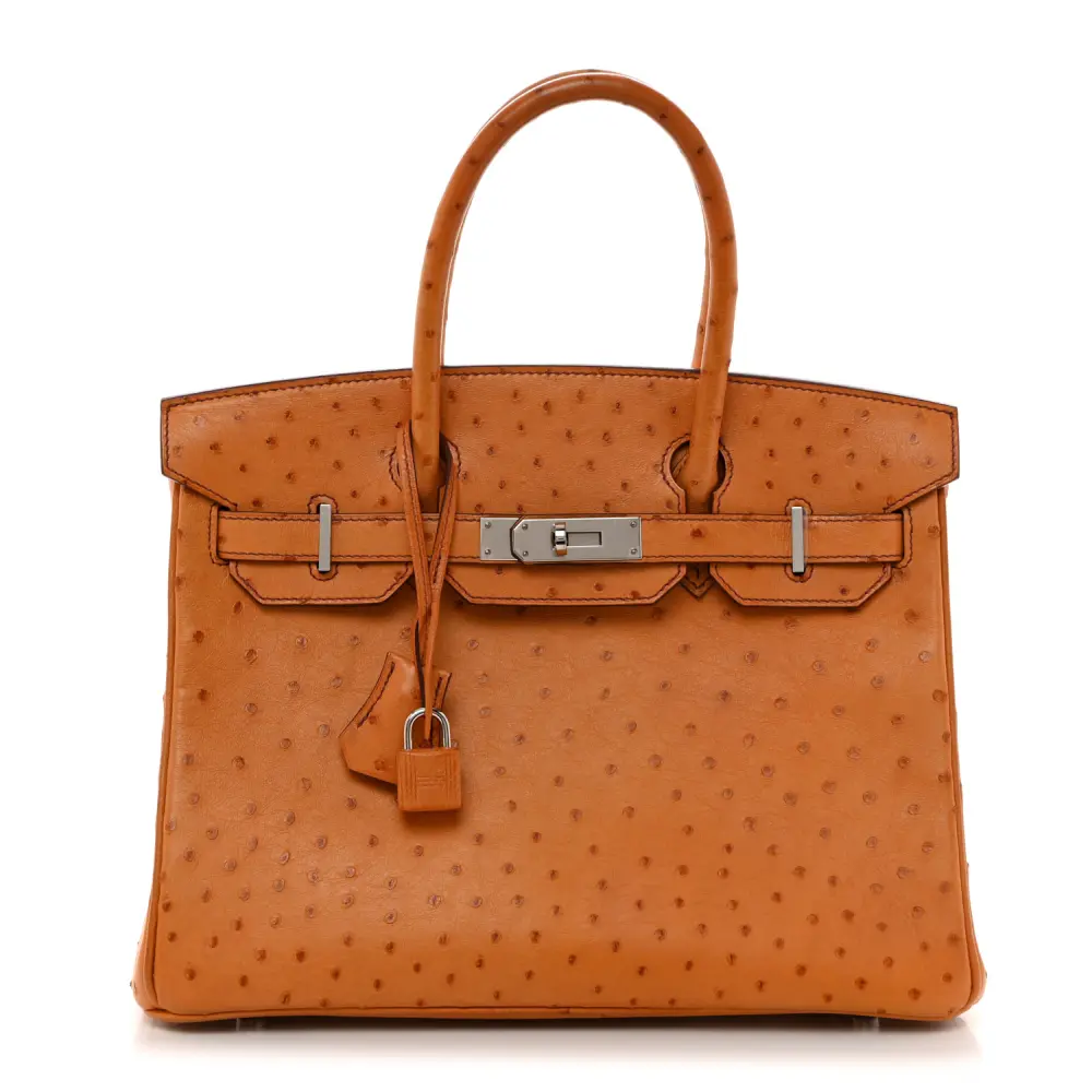 Hermès Birkin 30 Couro de Avestruz Conhaque Hardware Paládio