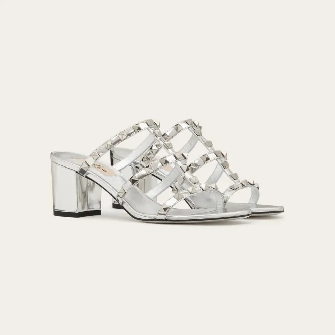 VALENTINO Silver mirror effect rivet sandals (heel height 6cm)