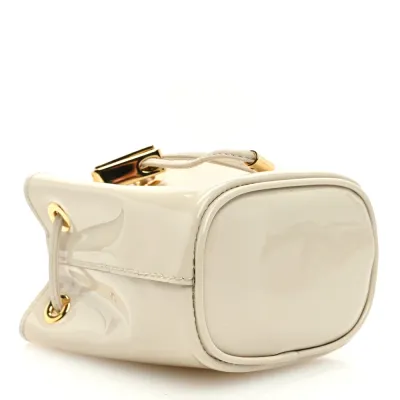 Prada Mini Metal Triangle Logo Drawcord Pouch Shoulder Bag Avorio Vernice Leather Gold Hardware