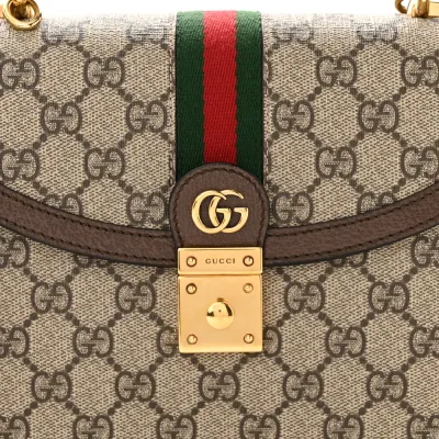 Gucci Small Web Ophidia Padlock Top Handle Bag Beige / Ebony / New Acero GG Supreme Monogram Canvas & Textured Dollar Calfskin Leather Aged Gold Hardware
