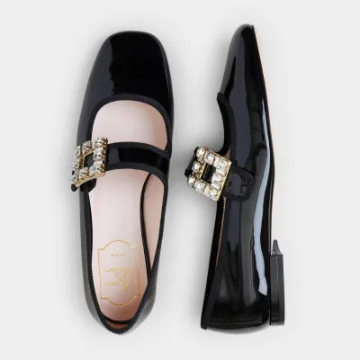 Roger Vivier Très Vivier Dasiy Mary Janes In Black/White Patent Leather With Crystal Buckle (Heel Height 0.5cm)