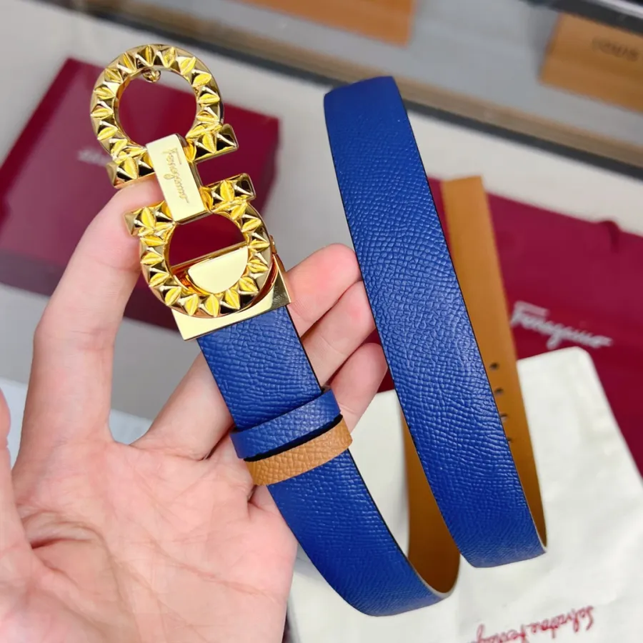 Ferragamo Women's Double Gancini Reversible Belt In Blue/Pink/Red/Purple/Black/Brown/White/Navy Blue Calfskin With Gold/Silver Hardware 25mm