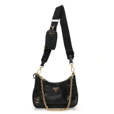 Prada Medium Re-Edition 2005 Shoulder Bag Black Patent Naplak Leather Gold Hardware