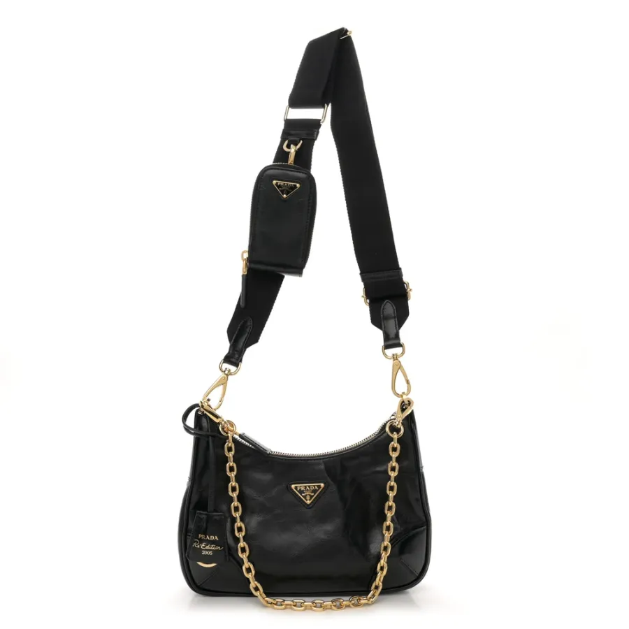 Prada Medium Re-Edition 2005 Shoulder Bag Black Patent Naplak Leather Gold Hardware