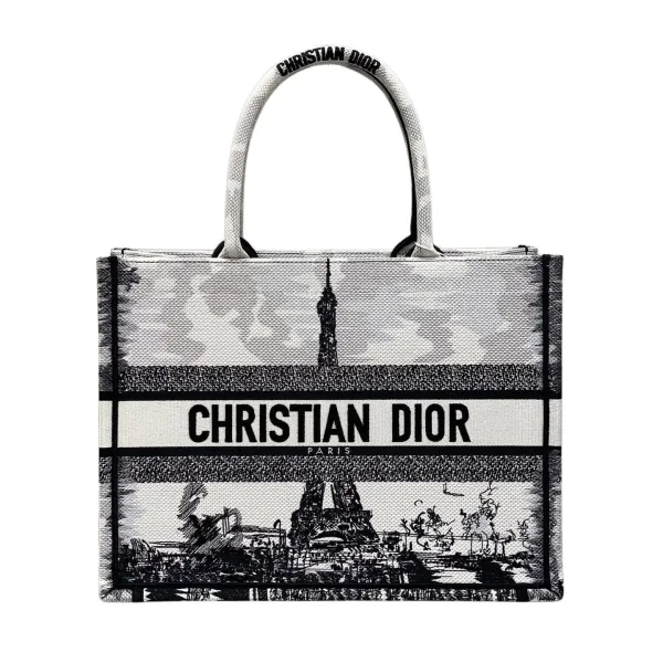 Dior Medium Dior Book Tote White and Black Paris Embroidery