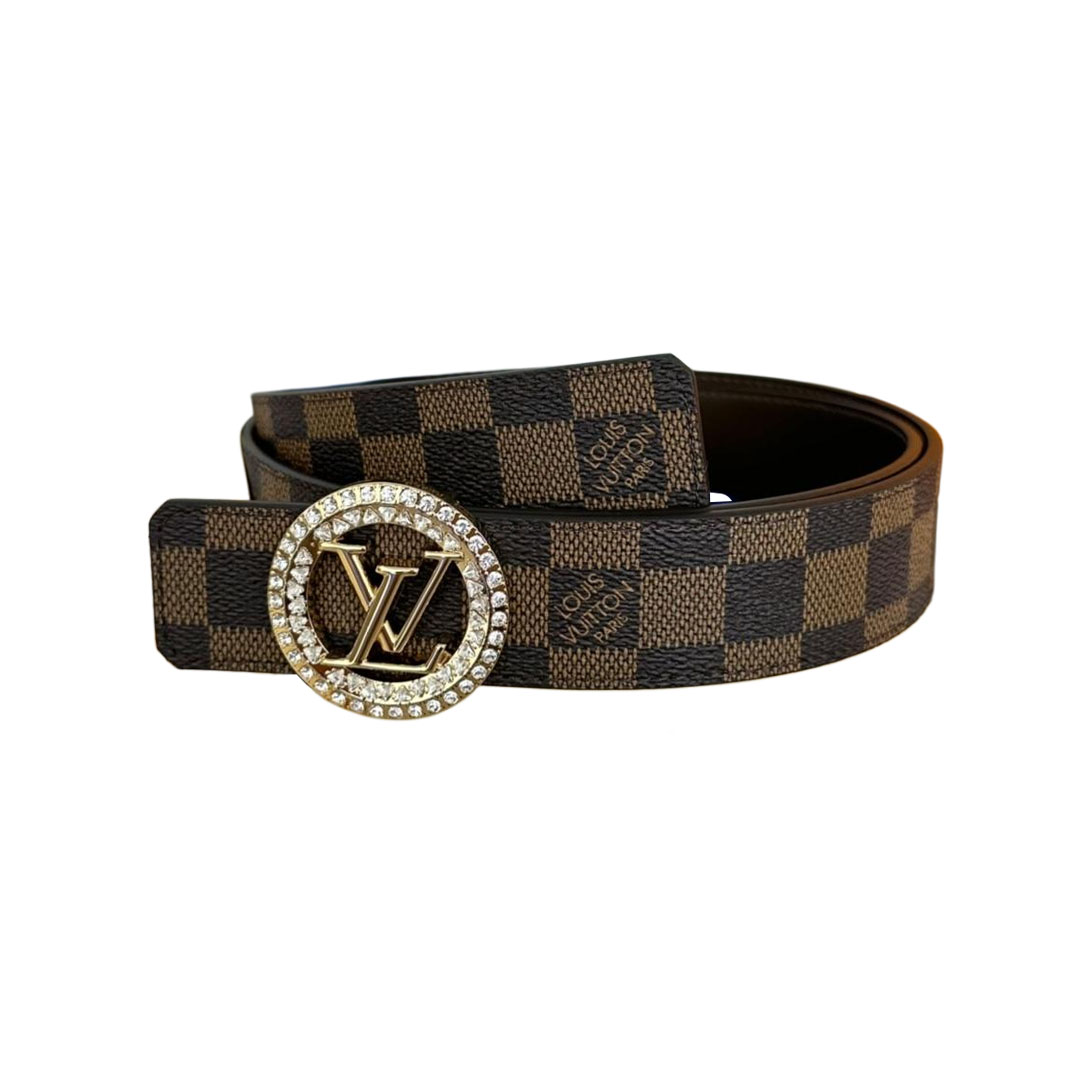 Louis Vuitton Cinto Reversível de Fivela Náutica com Diamantes Feminino em Couro Bezerro Preto/Marrom e Canvas Damier com Ferragens Douradas/Prateadas 35mm