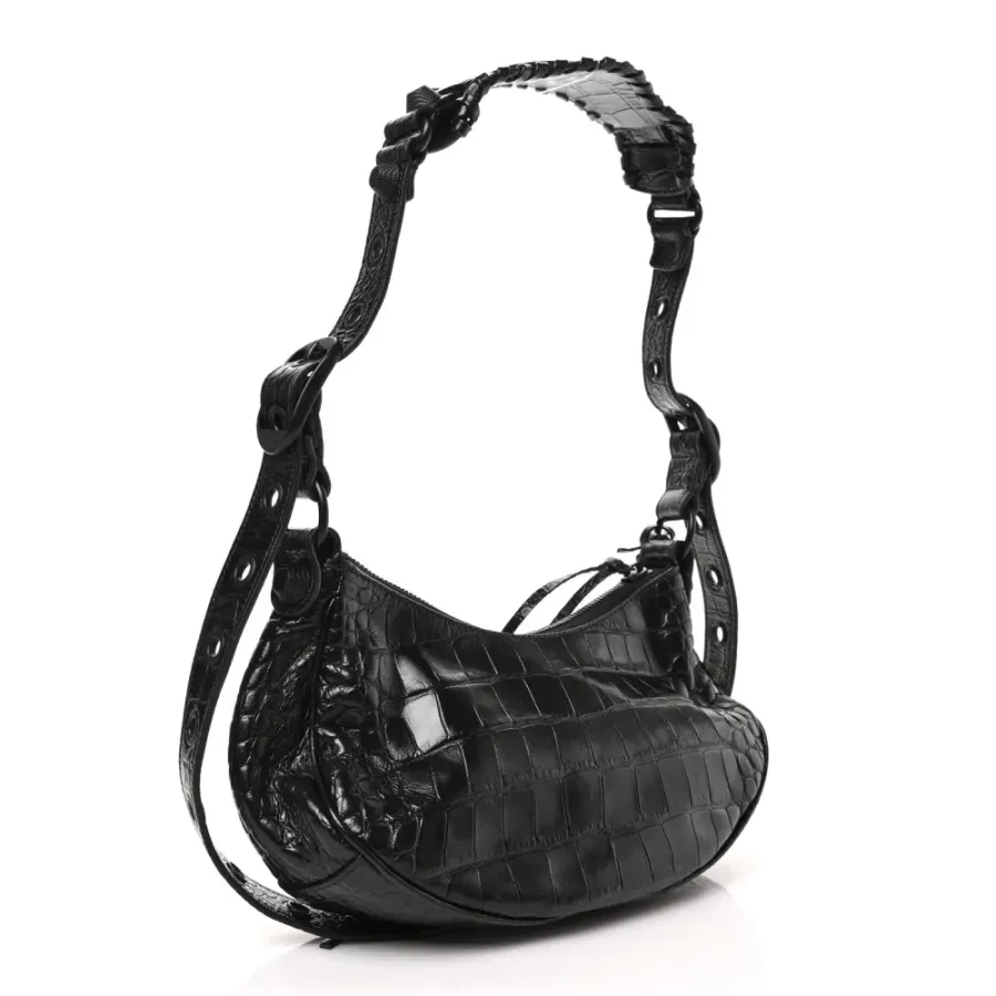 Balenciaga XS Monochrome Le Cagole Shoulder Bag Black Crocodile Embossed Extra Supple Calfskin Leather Black Hardware